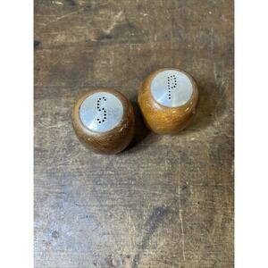 Vintage MCM Wood & Aluminum Salt & Pepper Shakers Round - Made In USA